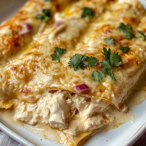 Creamy white chicken enchiladas with a cheesy sauce, perfect for an easy family dinner.