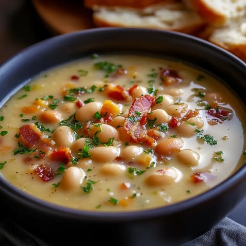 Creamy white bean soup with crispy bacon, a comforting and hearty dish.