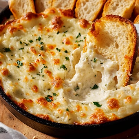 Cheesy baked garlic bread dip, a warm and savory appetizer for any gathering.