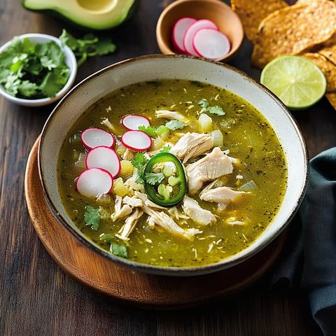 Flavorful chicken pozole verde soup with tender chicken and a vibrant tomatillo broth.