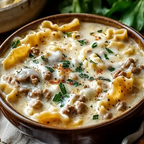 Rich and creamy Alfredo lasagna soup, a comforting twist on the classic pasta dish.