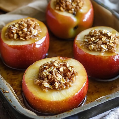 Warm maple cinnamon baked apples filled with oats, a cozy and wholesome dessert.