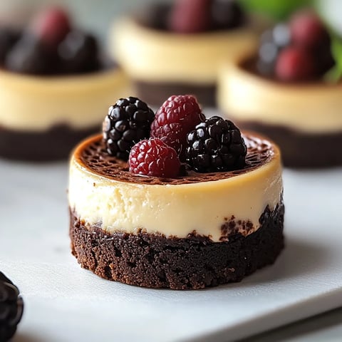 Rich mini cheesecakes with a fudgy brownie bottom, a decadent bite-sized dessert.