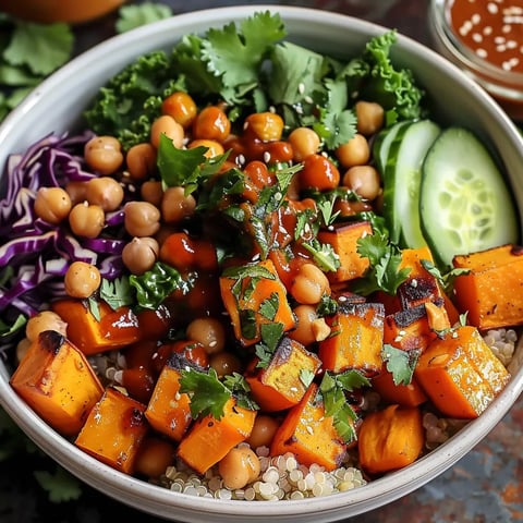 Flavor-packed Thai peanut Buddha bowl with roasted sweet potatoes and creamy peanut sauce.