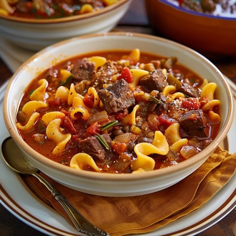 A cozy bowl of tender beef pasta loaded with Mediterranean goodness like olives and capers.