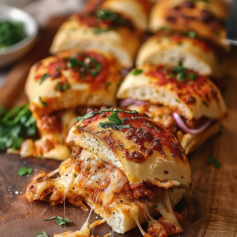 Soft cheesy sliders loaded with pizza flavors, perfect for gatherings or snacking.