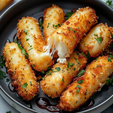 Crispy air fryer mozzarella sticks with a gooey cheese center, perfect for snacking.