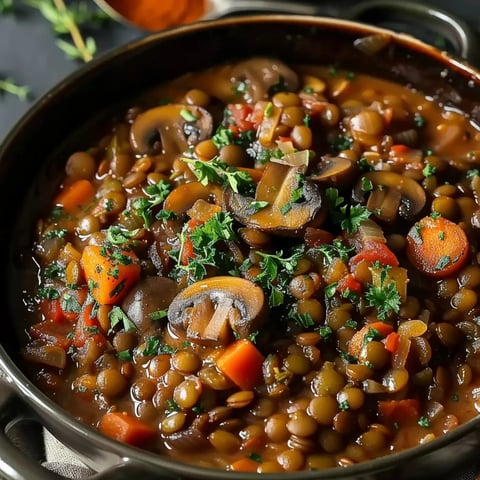Rich and hearty lentil mushroom stew, a flavorful vegan dish perfect for cold days.