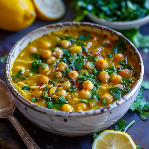 Golden turmeric soup with chickpeas, orzo, and spinach, a healthy and flavorful bowl.