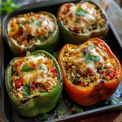 Flavorful vegetarian stuffed bell peppers with rice, a wholesome and hearty meal.
