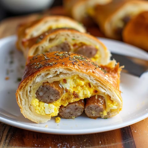 Flaky breakfast roll-ups filled with sausage, egg, and melted cheese for a delicious start.