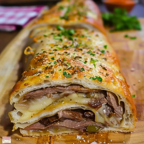 Golden Philly cheese steak stromboli, packed with steak, peppers, and melted cheese.