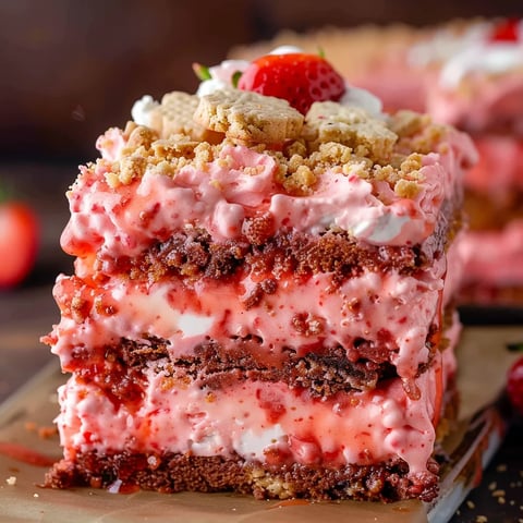 Rich strawberry crunch brownie with a fudgy base and a crunchy, sweet topping.