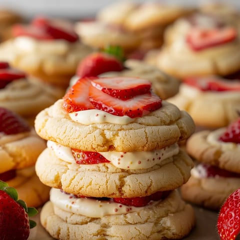 Soft strawberry cheesecake cookies with a creamy, sweet cheesecake filling.