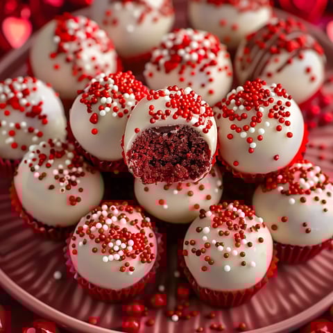 Rich and decadent red velvet cake balls, coated in chocolate for a sweet treat.