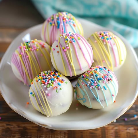 A plate of colorful candy balls with sprinkles on a wooden table.