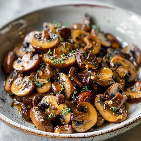 A bowl of mushrooms with herbs and spices, ready to be cooked.
