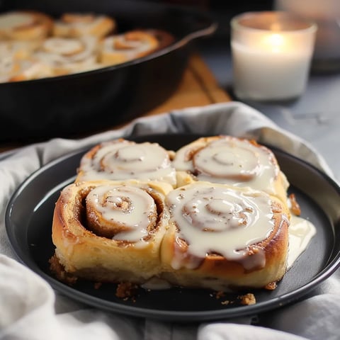 A plate of two cinnamon rolls with icing on a table.