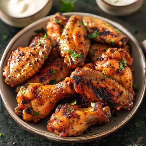 A bowl of chicken wings with a side of ranch dressing.