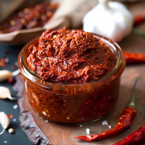 A glass bowl filled with a red sauce sits on a wooden table.