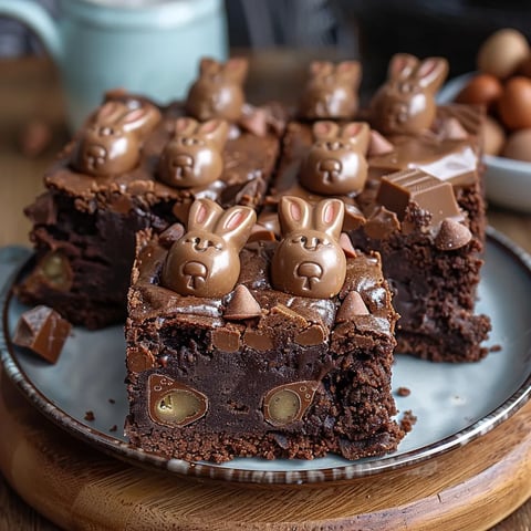 A plate of chocolate cake with chocolate rabbit ears on top.