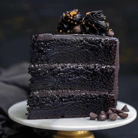 A slice of chocolate cake with chocolate chips on a plate.