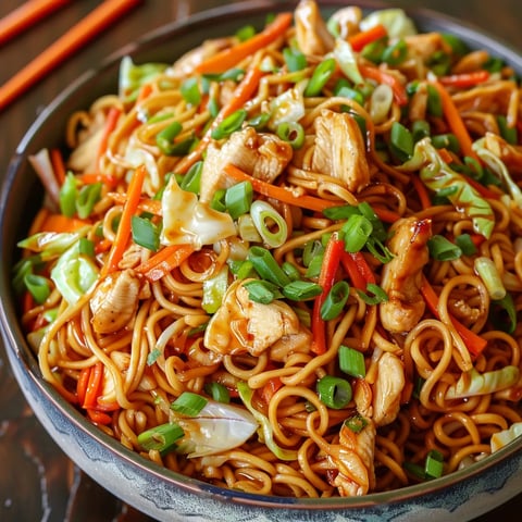 A bowl of noodles with vegetables and chicken.