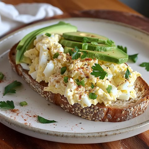 A plate with a sandwich made with eggs, avocado, and chives.
