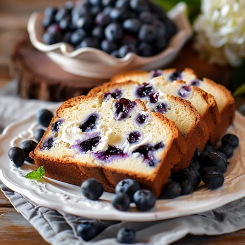 A plate of blueberry bread with a bowl of blueberries in the background.