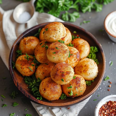 A bowl of potatoes with herbs and spices on a table.