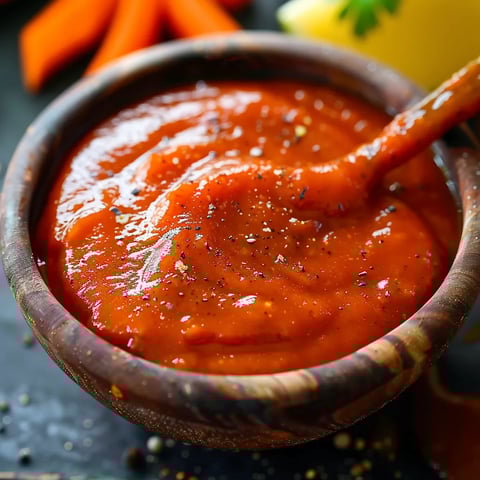 A bowl of tomato sauce with a spoon in it.