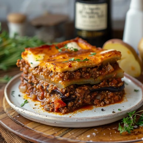 A delicious meal of lasagna with a side of potatoes and a bottle of olive oil.