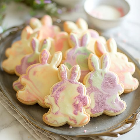 A plate of colorful cookies with bunny ears.