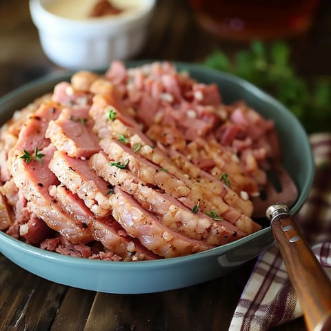 A bowl of meat with a wooden table in the background.