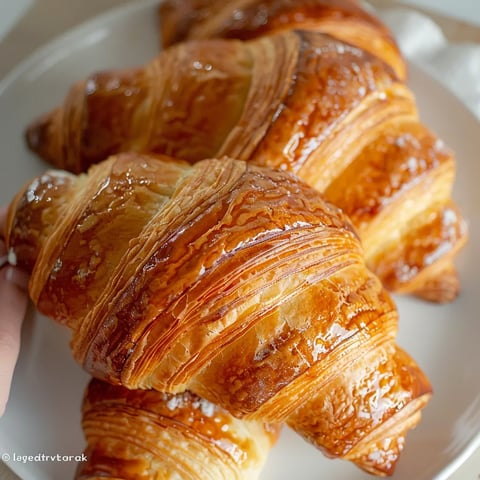 Two croissants are on a plate, with one being closer to the camera and the other further away.