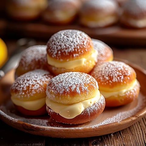 A plate of powdered donuts with cream filling.