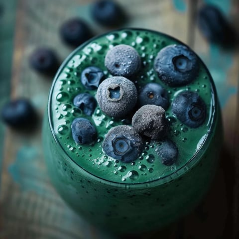 A glass of blueberry juice with blueberries in it.