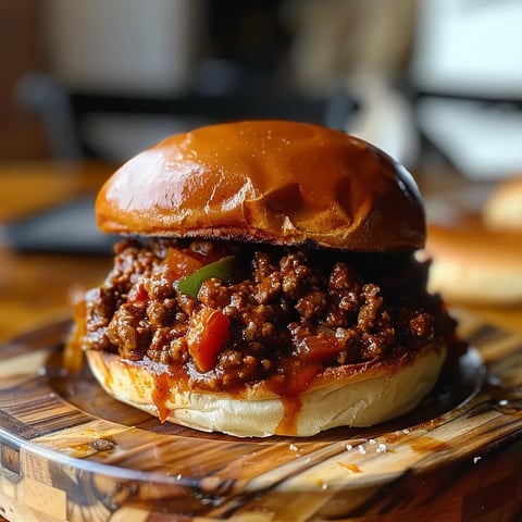 A delicious chili cheese burger with a bun on a wooden table.