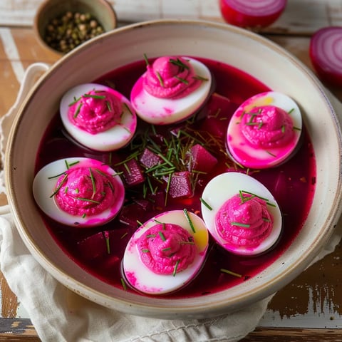 A bowl of eggs with pink sauce and herbs on a wooden table.