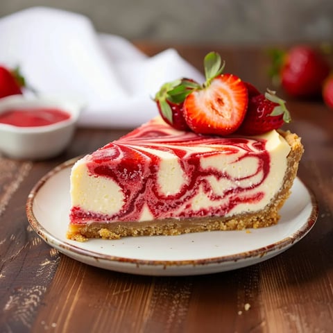 A slice of cheesecake with strawberries on top.