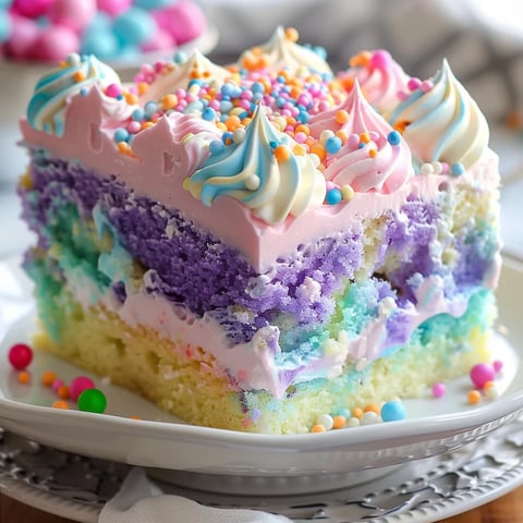 A colorful cake with rainbow colors and sprinkles on a plate.