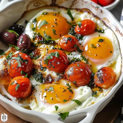 A white bowl filled with eggs, tomatoes, and olives.