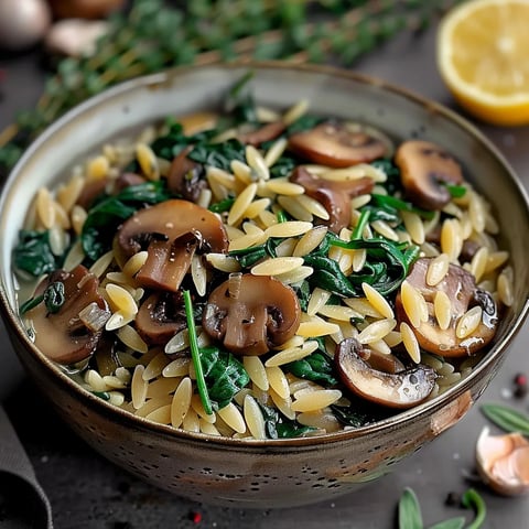 A bowl of rice with mushrooms and spinach.