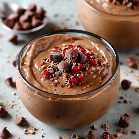 A glass of chocolate with chocolate chips and red berries on top.