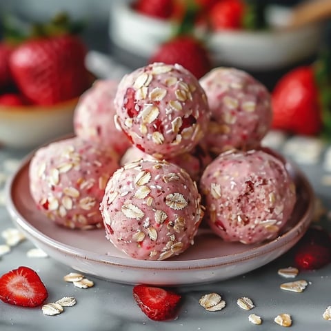 A plate of strawberries and pink balls of food.