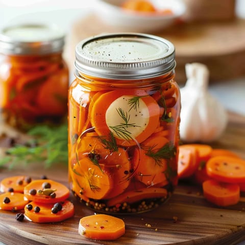 A jar of pickled carrots with a spoon in it.