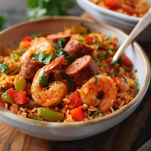 A bowl of rice with shrimp and sausage, garnished with parsley and cilantro.