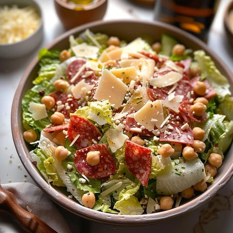 A bowl of salad with meat and cheese.