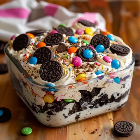 A delicious dessert with a variety of candies and cookies.