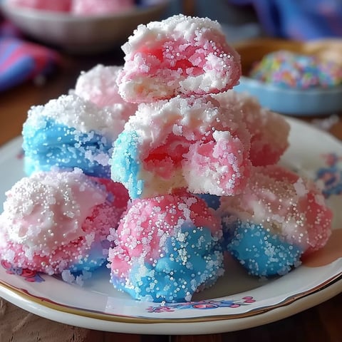 A plate of colorful cake with pink, blue, and white frosting.